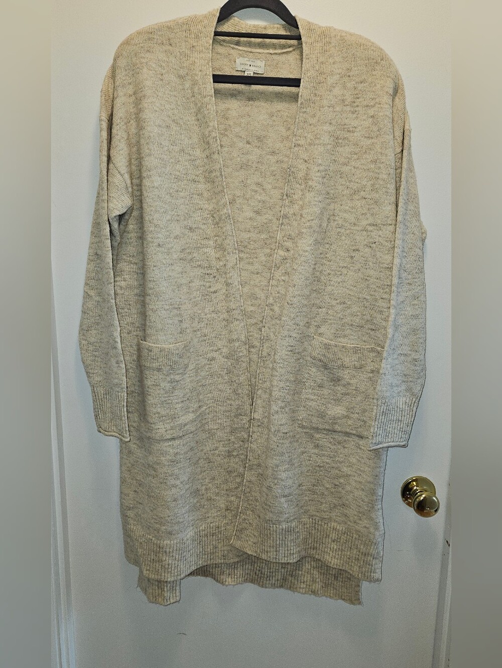 Lucky Brand Women's Medium Oatmeal Long Open Front Cardigan Sweater Pockets